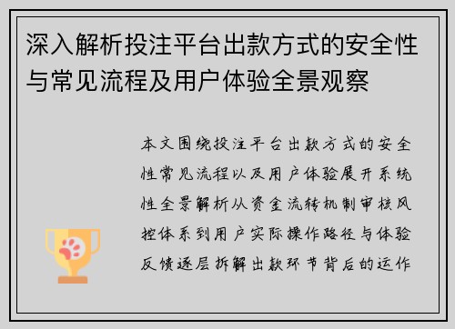 深入解析投注平台出款方式的安全性与常见流程及用户体验全景观察